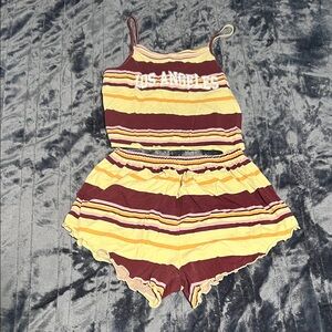Striped Yellow and Maroon Pajama Short Set - Los Angeles Graphic